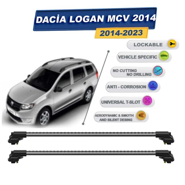 Dacia Logan Mcv 2014-2023 ile Uyumlu Kilitlenebilir Ara Atkı - Portbagaj Taşıma Barları 2li Set Gri