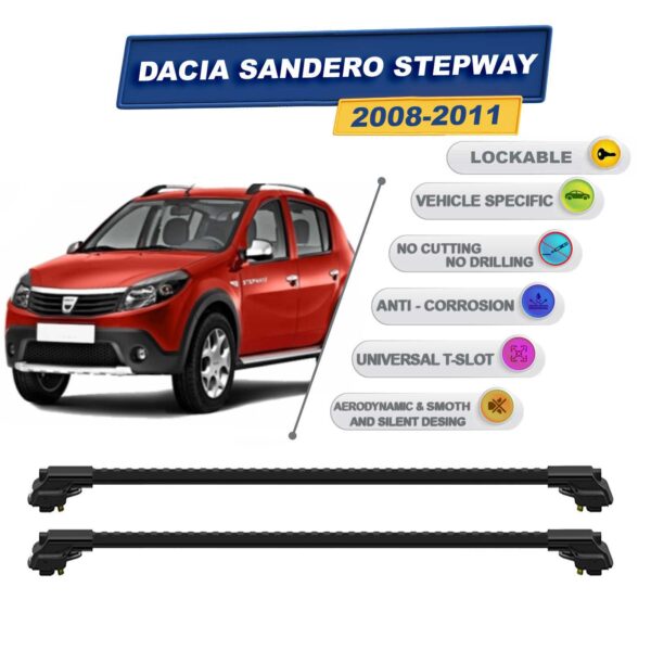 Dacia Sandero Stepway 2008-2011 ile Uyumlu Kilitlenebilir Ara Atkı - Portbagaj Taşıma Barları 2li Set Siyah