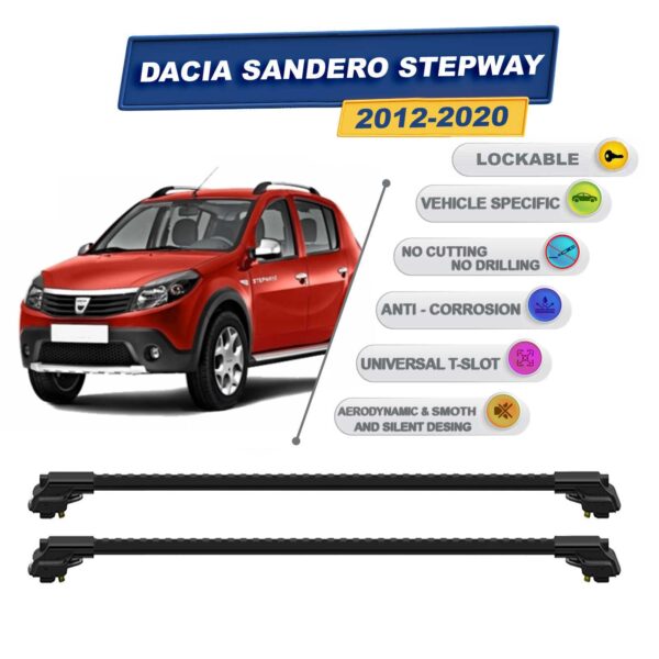 Dacia Sandero Stepway 2012-2020 ile Uyumlu Kilitlenebilir Ara Atkı - Portbagaj Taşıma Barları 2li Set Siyah