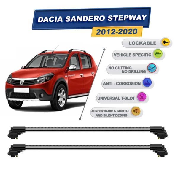 Dacia Sandero Stepway 2012-2020 ile Uyumlu Kilitlenebilir Ara Atkı - Portbagaj Taşıma Barları 2li Set Gri