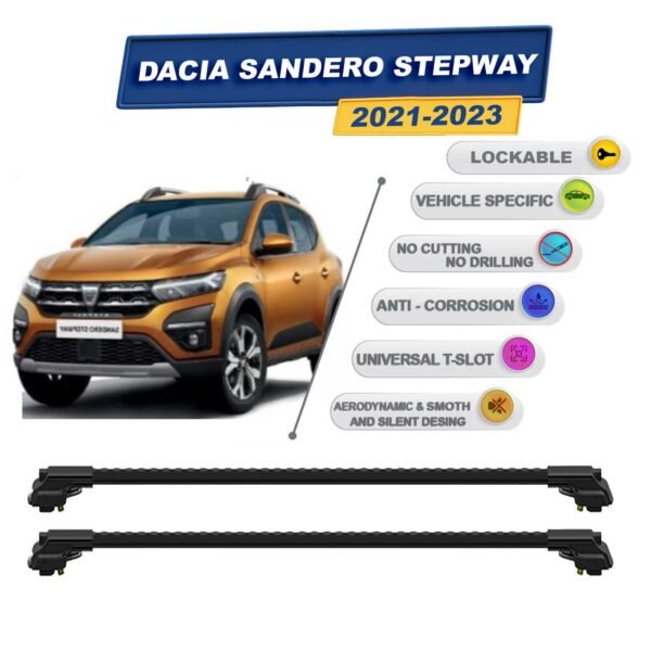 Dacia Sandero Stepway 2021-2023 ile Uyumlu Kilitlenebilir Ara Atkı - Portbagaj Taşıma Barları 2li Set Siyah