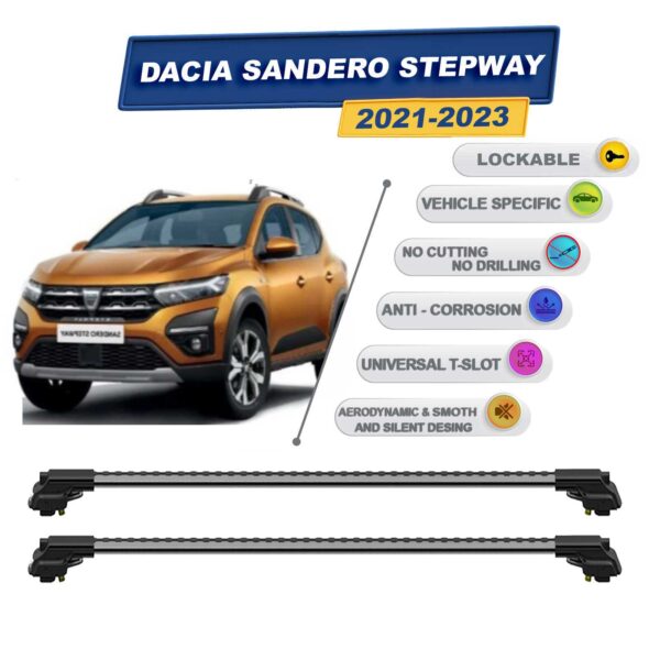 Dacia Sandero Stepway 2021-2023 ile Uyumlu Kilitlenebilir Ara Atkı - Portbagaj Taşıma Barları 2li Set Gri