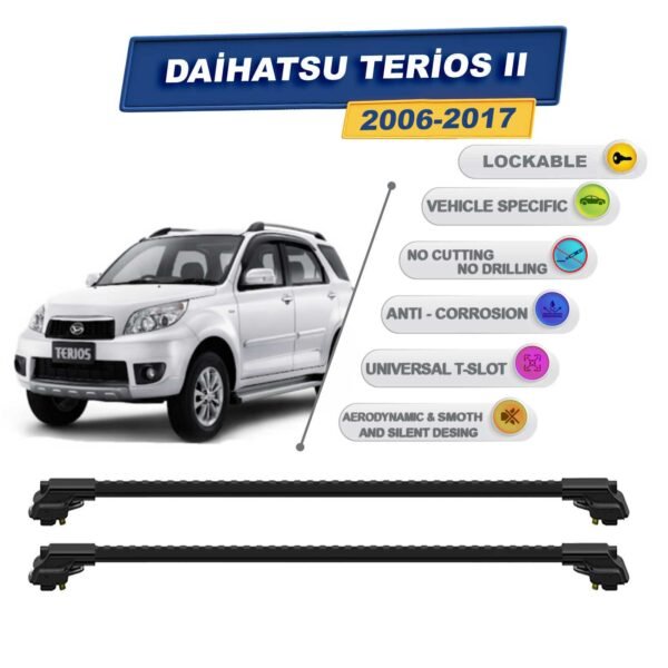 Daihatsu Terios 2006-2017 ile Uyumlu Kilitlenebilir Ara Atkı - Portbagaj Taşıma Barları 2li Set Siyah