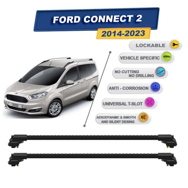 Ford Connect 2 2014-2023 ile Uyumlu Kilitlenebilir Ara Atkı - Portbagaj Taşıma Barları 2li Set Siyah