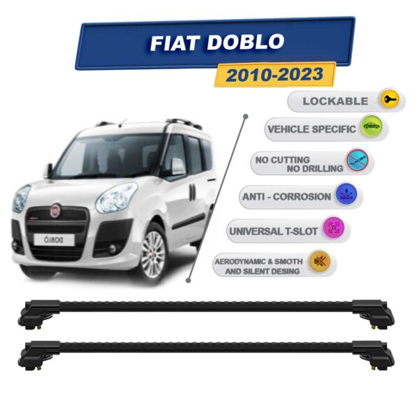 Fiat Doblo 2010-2023 ile Uyumlu Kilitlenebilir Ara Atkı - Portbagaj Taşıma Barları 2li Set Siyah