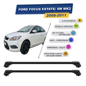 Ford Focus Estate/ Sw Mk2 2008-2011 ile Uyumlu Kilitlenebilir Ara Atkı - Portbagaj Taşıma Barları 2li Set Siyah