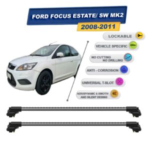 Ford Focus Estate/ Sw Mk2 2008-2011 ile Uyumlu Kilitlenebilir Ara Atkı - Portbagaj Taşıma Barları 2li Set Gri