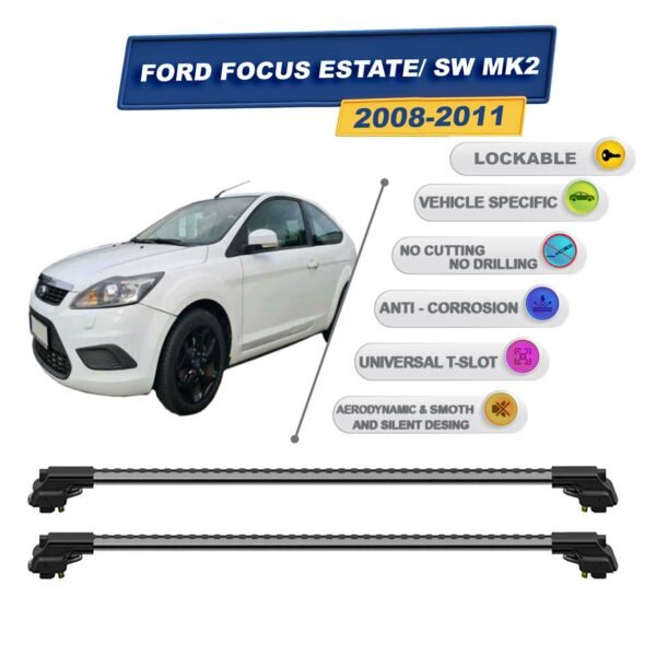 Ford Focus Estate/ Sw Mk2 2008-2011 ile Uyumlu Kilitlenebilir Ara Atkı - Portbagaj Taşıma Barları 2li Set Gri