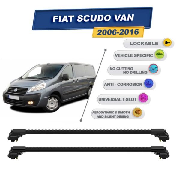 Fiat Scudo Van 2006-2016 ile Uyumlu Kilitlenebilir Ara Atkı - Portbagaj Taşıma Barları 2li Set Siyah