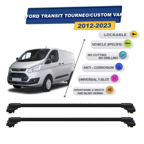 Ford Transit Tourneo/Custom Van 2012-2023 ile Uyumlu Kilitlenebilir Ara Atkı - Portbagaj Taşıma Barları 2li Set Siyah