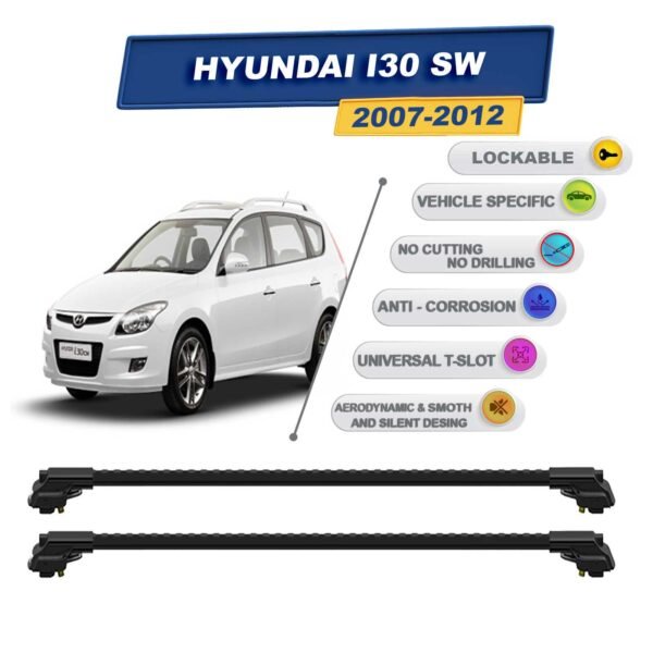 Hyundai I30 Sw 2007-2012 ile Uyumlu Kilitlenebilir Ara Atkı - Portbagaj Taşıma Barları 2li Set Siyah