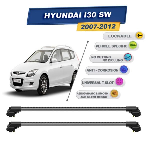 Hyundai I30 Sw 2007-2012 ile Uyumlu Kilitlenebilir Ara Atkı - Portbagaj Taşıma Barları 2li Set Gri