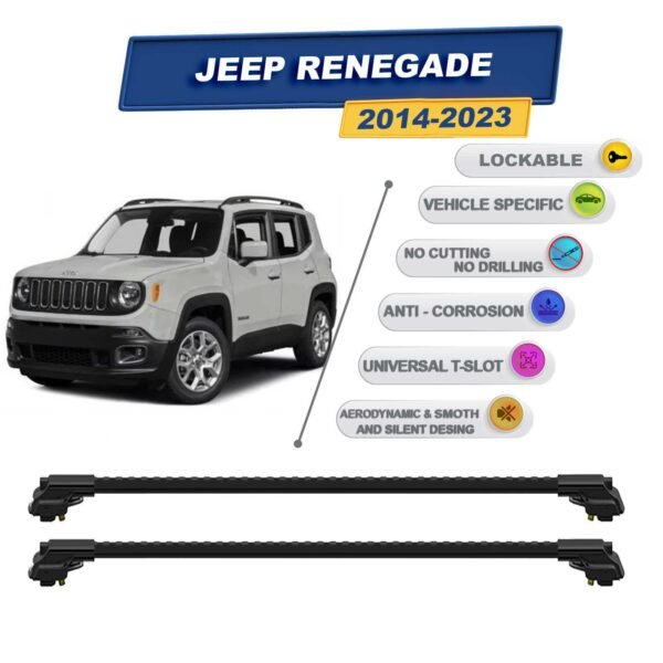 Jeep Renegade 2014-2023 ile Uyumlu Kilitlenebilir Ara Atkı - Portbagaj Taşıma Barları 2li Set Siyah