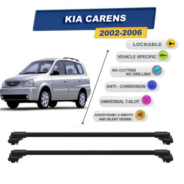 Kia Carens 2002-2006 ile Uyumlu Kilitlenebilir Ara Atkı - Portbagaj Taşıma Barları 2li Set Siyah