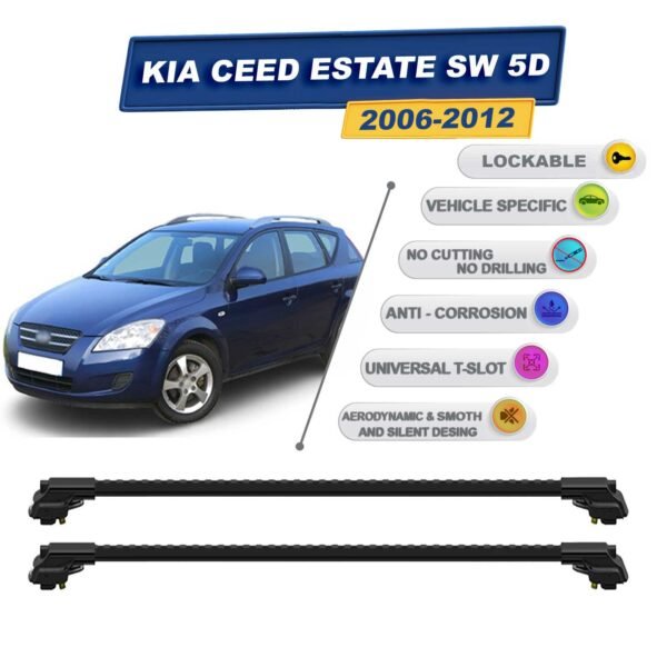 Kia Ceed Estate Sw 5D 2006-2012 ile Uyumlu Kilitlenebilir Ara Atkı - Portbagaj Taşıma Barları 2li Set Siyah