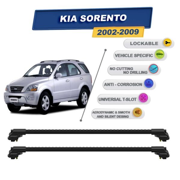 Kia Sorento 2002-2009 ile Uyumlu Kilitlenebilir Ara Atkı - Portbagaj Taşıma Barları 2li Set Siyah