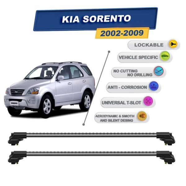 Kia Sorento 2002-2009 ile Uyumlu Kilitlenebilir Ara Atkı - Portbagaj Taşıma Barları 2li Set Gri