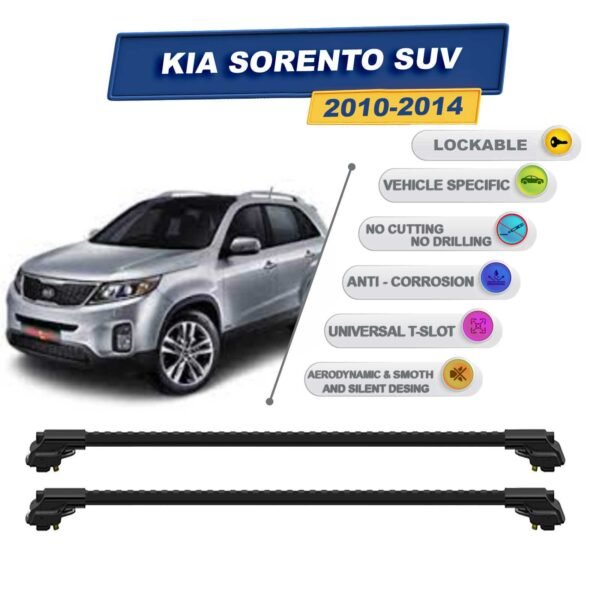 Kia Sorento SUV 2010-2014 ile Uyumlu Kilitlenebilir Ara Atkı - Portbagaj Taşıma Barları 2li Set Siyah