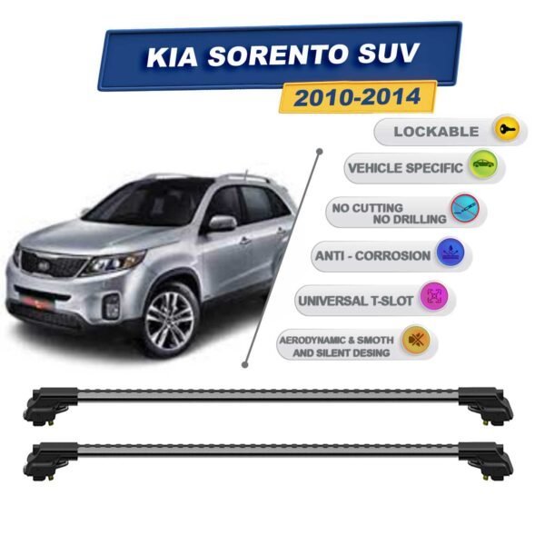 Kia Sorento SUV 2010-2014 ile Uyumlu Kilitlenebilir Ara Atkı - Portbagaj Taşıma Barları 2li Set Gri