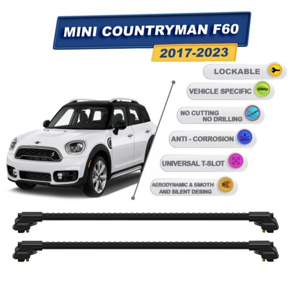 Mini Countryman F60 2017-2023 ile Uyumlu Kilitlenebilir Ara Atkı - Portbagaj Taşıma Barları 2li Set Siyah