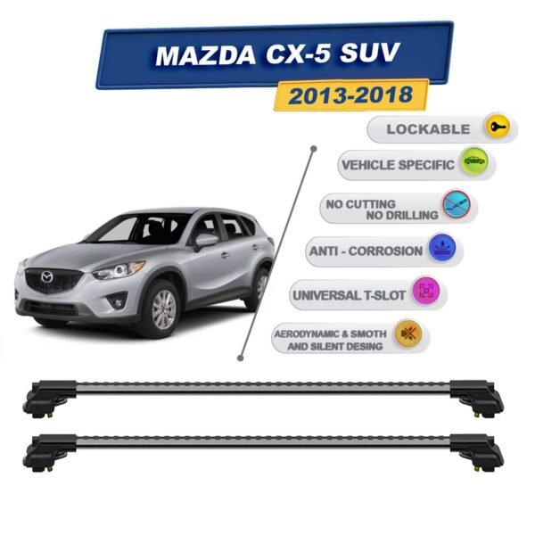 Mazda Cx-5 SUV 2013-2018 ile Uyumlu Kilitlenebilir Ara Atkı - Portbagaj Taşıma Barları 2li Set Gri