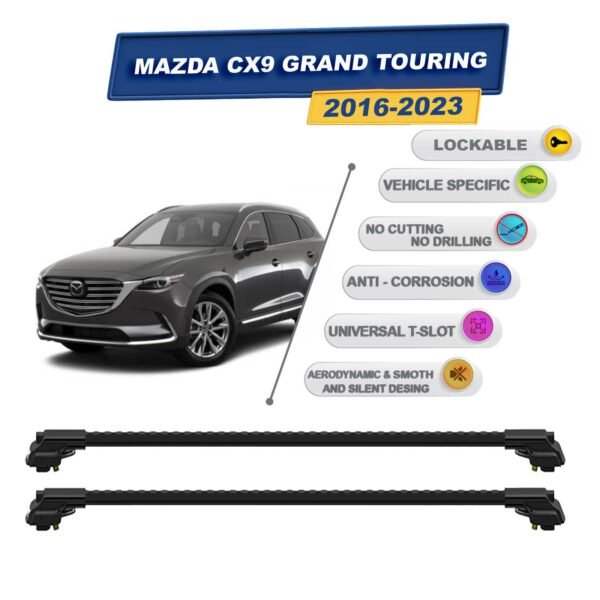 Mazda Cx9 Grand Touring 2016-2023 ile Uyumlu Kilitlenebilir Ara Atkı - Portbagaj Taşıma Barları 2li Set Siyah