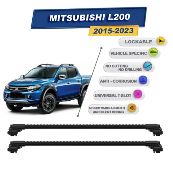 Mitsubishi L200 2015-2023 ile Uyumlu Kilitlenebilir Ara Atkı - Portbagaj Taşıma Barları 2li Set Siyah