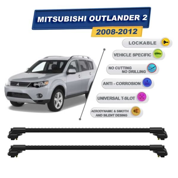 Mitsubishi Outlander 2 2008-2012 ile Uyumlu Kilitlenebilir Ara Atkı - Portbagaj Taşıma Barları 2li Set Siyah