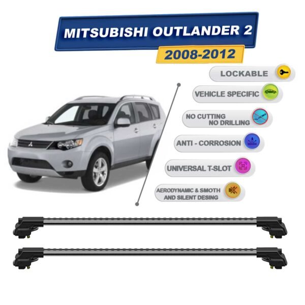 Mitsubishi Outlander 2 2008-2012 ile Uyumlu Kilitlenebilir Ara Atkı - Portbagaj Taşıma Barları 2li Set Gri