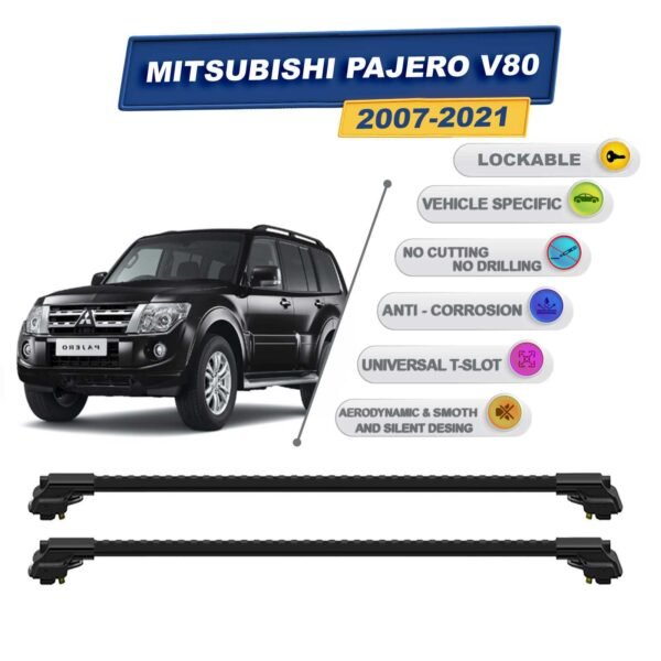 Mitsubishi Pajero V80 2007-2021 ile Uyumlu Kilitlenebilir Ara Atkı - Portbagaj Taşıma Barları 2li Set Siyah