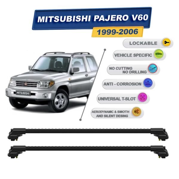 Mitsubishi Pajero V60 1999-2006 ile Uyumlu Kilitlenebilir Ara Atkı - Portbagaj Taşıma Barları 2li Set Siyah