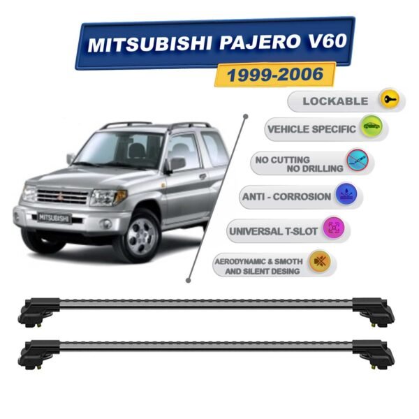 Mitsubishi Pajero V60 1999-2006 ile Uyumlu Kilitlenebilir Ara Atkı - Portbagaj Taşıma Barları 2li Set Gri