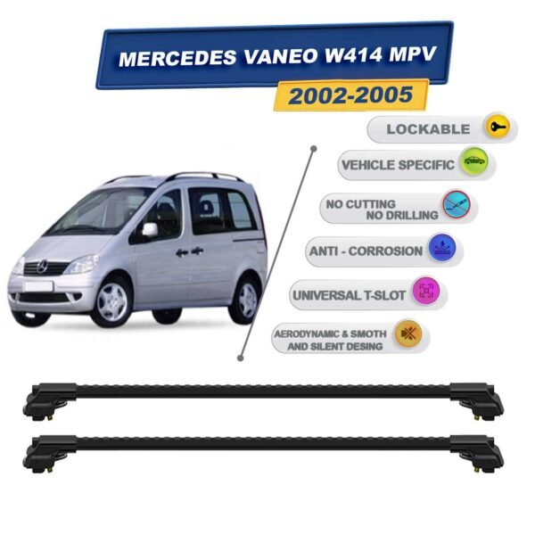 Mercedes Vaneo W414 Mpv 2002-2005 ile Uyumlu Kilitlenebilir Ara Atkı - Portbagaj Taşıma Barları 2li Set Siyah