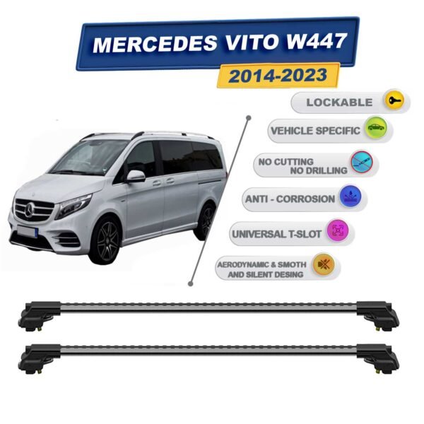 Mercedes Vito W447 2014-2023 ile Uyumlu Kilitlenebilir Ara Atkı - Portbagaj Taşıma Barları 2li Set Gri