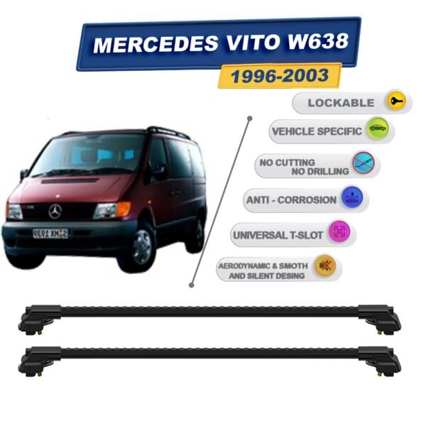 Mercedes Vito W638 1996-2003 ile Uyumlu Kilitlenebilir Ara Atkı - Portbagaj Taşıma Barları 2li Set Siyah