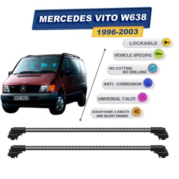 Mercedes Vito W638 1996-2003 ile Uyumlu Kilitlenebilir Ara Atkı - Portbagaj Taşıma Barları 2li Set Gri