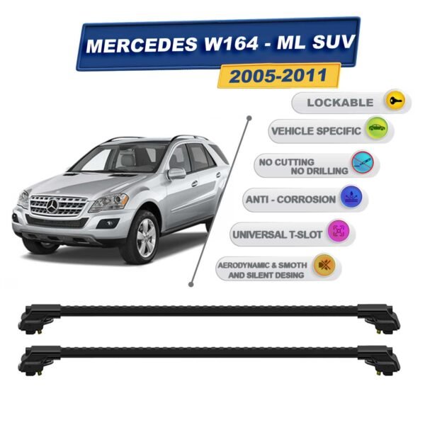 Mercedes W164 SUV 2005-2011 ile Uyumlu Kilitlenebilir Ara Atkı - Portbagaj Taşıma Barları 2li Set Siyah