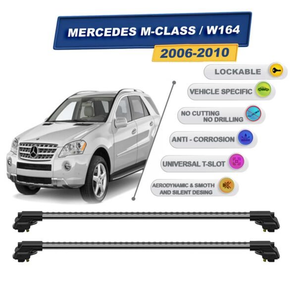 Mercedes M-Class / W164 2006-2010 ile Uyumlu Kilitlenebilir Ara Atkı - Portbagaj Taşıma Barları 2li Set Gri