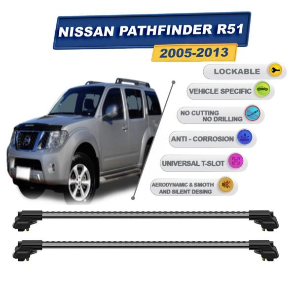 Nissan Pathfinder R51 2005-2013 ile Uyumlu Kilitlenebilir Ara Atkı - Portbagaj Taşıma Barları 2li Set Gri
