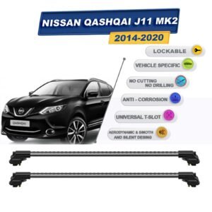 Nissan Qashqai J11 Mk2 2014-2020 ile Uyumlu Kilitlenebilir Ara Atkı - Portbagaj Taşıma Barları 2li Set Gri