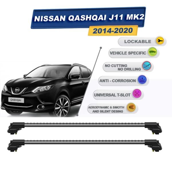 Nissan Qashqai J11 Mk2 2014-2020 ile Uyumlu Kilitlenebilir Ara Atkı - Portbagaj Taşıma Barları 2li Set Gri