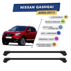 Nissan Qashqai 2006-2013 ile Uyumlu Kilitlenebilir Ara Atkı - Portbagaj Taşıma Barları 2li Set Siyah