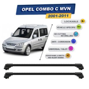 Opel Combo C Mvn 2001-2011 ile Uyumlu Kilitlenebilir Ara Atkı - Portbagaj Taşıma Barları 2li Set Siyah