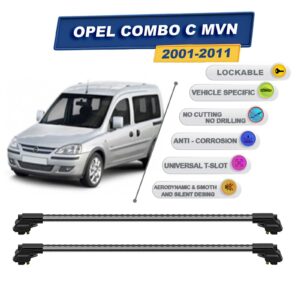 Opel Combo C Mvn 2001-2011 ile Uyumlu Kilitlenebilir Ara Atkı - Portbagaj Taşıma Barları 2li Set Gri