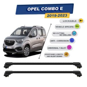 Opel Combo E 2019-2023 ile Uyumlu Kilitlenebilir Ara Atkı - Portbagaj Taşıma Barları 2li Set Siyah