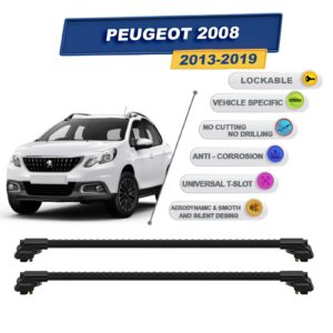 Peugeot 2008 2013-2019 ile Uyumlu Kilitlenebilir Ara Atkı - Portbagaj Taşıma Barları 2li Set Siyah
