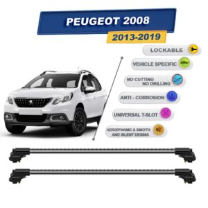 Peugeot 2008 2013-2019 ile Uyumlu Kilitlenebilir Ara Atkı - Portbagaj Taşıma Barları 2li Set Gri