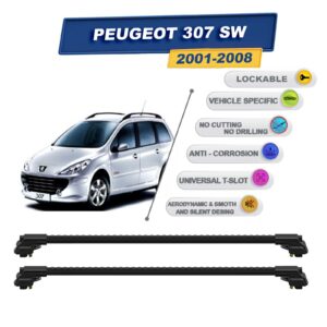 Peugeot 307 Sw 2001-2008 ile Uyumlu Kilitlenebilir Ara Atkı - Portbagaj Taşıma Barları 2li Set Siyah