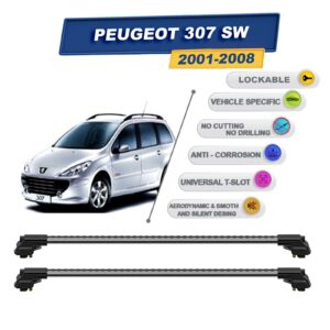 Peugeot 307 Sw 2001-2008 ile Uyumlu Kilitlenebilir Ara Atkı - Portbagaj Taşıma Barları 2li Set Gri