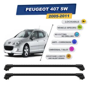 Peugeot 407 Sw 2005-2011 ile Uyumlu Kilitlenebilir Ara Atkı - Portbagaj Taşıma Barları 2li Set Siyah